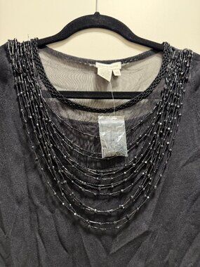 NWT Boston Proper Black Beaded Mesh Neckline Top Size XS